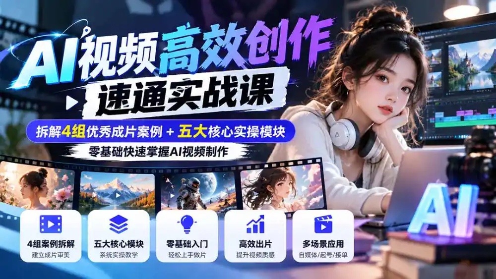 【无水印】AI视频高效创作速通实战课：拆解4组优秀成片案例+五大核心实操模块，零基础快速掌握AI视频制作-小玖网_综合网创资源_优质付费资源_知识付费网课平台_创业项目