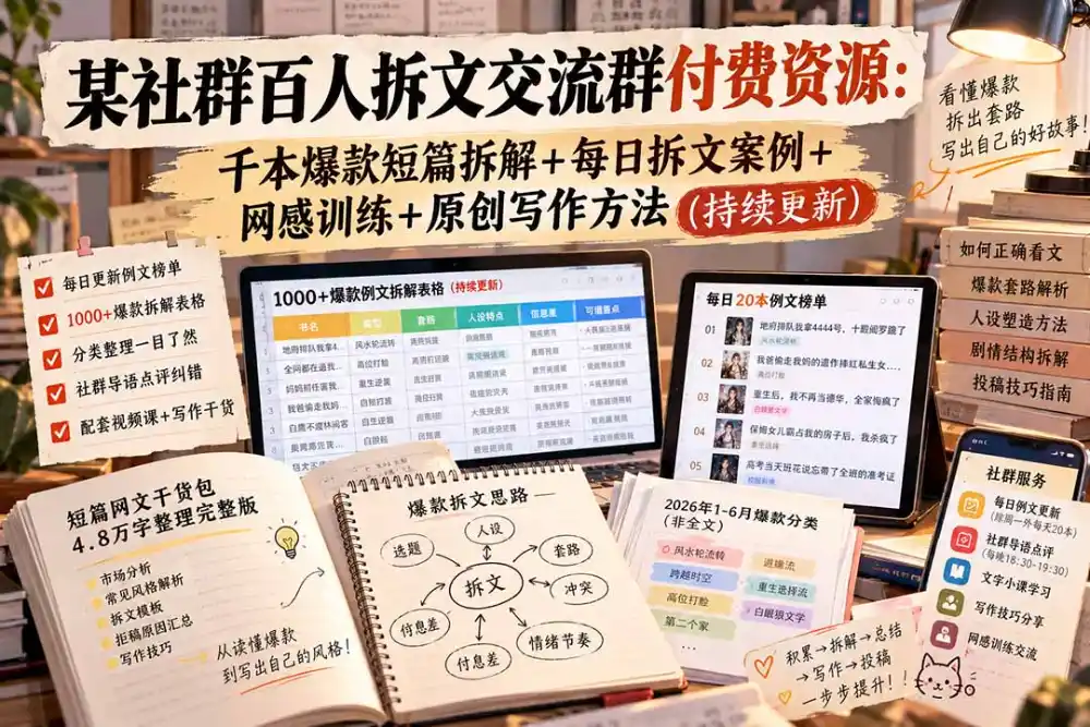 某社群百人拆文交流群付费资源-更新0929：千本爆款短篇拆解+每日拆文案例+网感训练+原创写作方法-小玖网_综合网创资源_优质付费资源_知识付费网课平台_创业项目