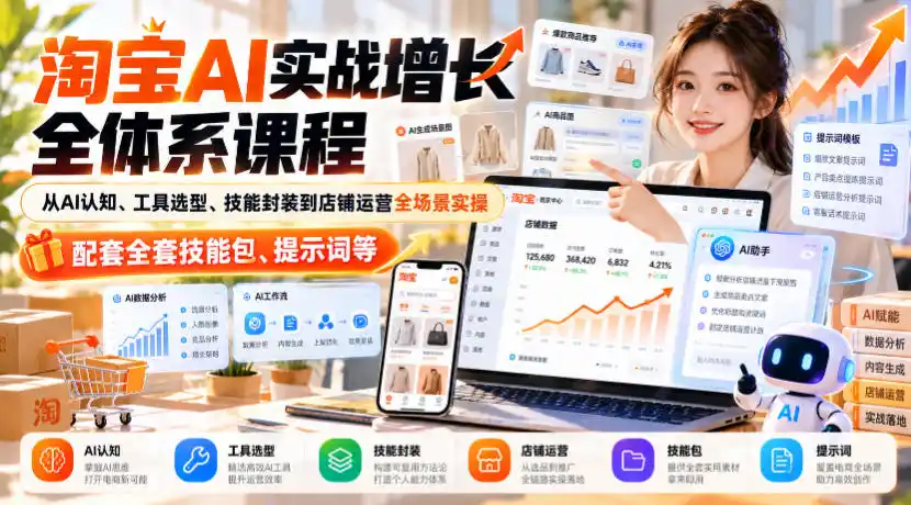 淘宝AI实战增长全体系课程，从AI认知、工具选型、技能封装到店铺运营全场景实操，配套全套技能包、提示词等-小玖网_综合网创资源_优质付费资源_知识付费网课平台_创业项目