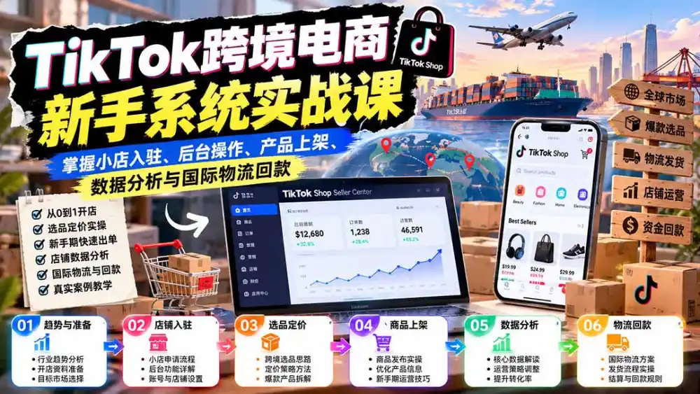 TikTok跨境电商新手系统实战课：掌握小店入驻、后台操作、产品上架、数据分析与国际物流回款-小玖网_综合网创资源_优质付费资源_知识付费网课平台_创业项目