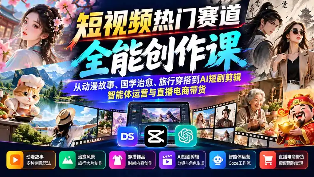 短视频热门赛道全能创作课：从动漫故事、国学治愈、旅行穿搭到AI短剧剪辑、智能体运营与直播电商带货-小玖网_综合网创资源_优质付费资源_知识付费网课平台_创业项目