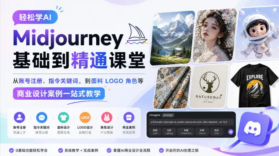 轻松学AI Midjourney基础到精通课堂，从账号注册、指令关键词，到面料LOGO角色等商业设计案例一站式教学-小玖网_综合网创资源_优质付费资源_知识付费网课平台_创业项目