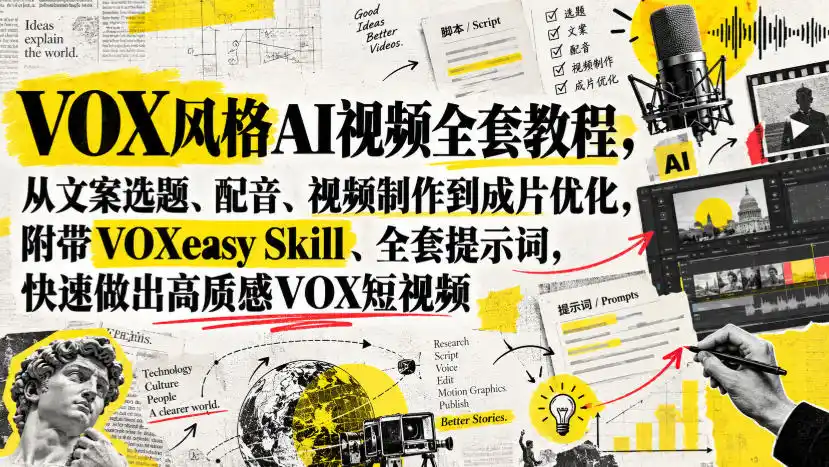 VOX风格AI视频全套教程，从文案选题、配音、视频制作到成片优化，附带VOXeasy Skill、全套提示词，快速做出高质感VOX短视频-小玖网_综合网创资源_优质付费资源_知识付费网课平台_创业项目