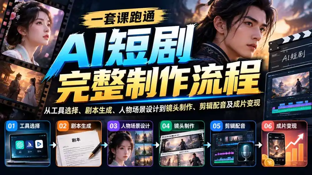 一套课跑通AI短剧完整制作流程：从工具选择、剧本生成、人物场景设计到镜头制作、剪辑配音及成片变现-小玖网_综合网创资源_优质付费资源_知识付费网课平台_创业项目