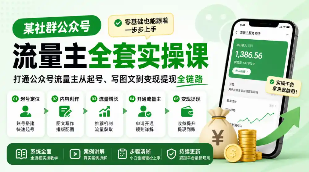 某社群公众号流量主全套实操课，零基础也能跟着一步步上手，打通公众号流量主从起号、写图文到变现提现全链路-小玖网_综合网创资源_优质付费资源_知识付费网课平台_创业项目