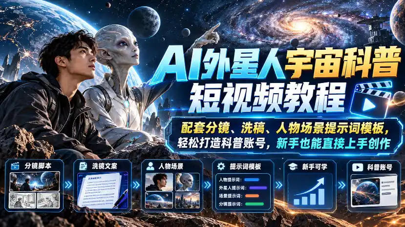AI外星人宇宙科普短视频教程，配套分镜、洗稿、人物场景提示词模板，轻松打造科普账号，新手也能直接上手创作-小玖网_综合网创资源_优质付费资源_知识付费网课平台_创业项目
