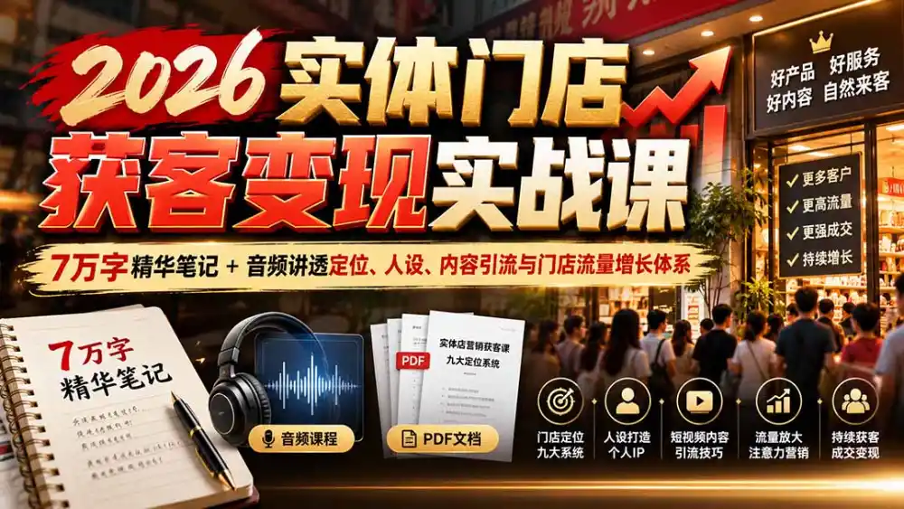 2026实体门店获客变现实战课：7万字精华笔记+音频讲透定位、人设、内容引流与门店流量增长体系-小玖网_综合网创资源_优质付费资源_知识付费网课平台_创业项目