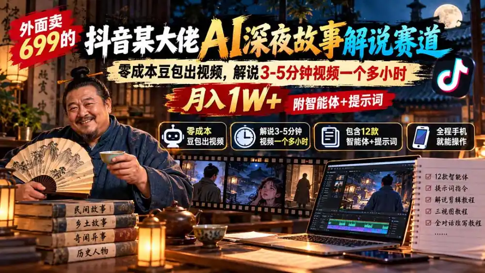 外面卖699抖音某大佬AI深夜故事解说赛道-更新：0成本豆包出视频+解说3-5分钟视频一个多小时，月入1W+附智能体+提示词-小玖网_综合网创资源_优质付费资源_知识付费网课平台_创业项目
