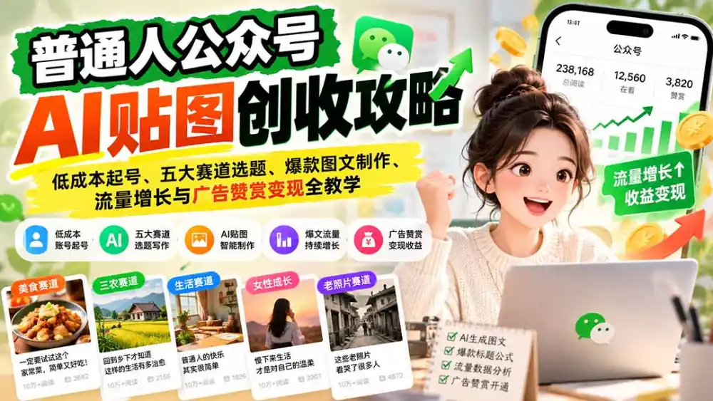 普通人公众号AI贴图创收攻略：低成本起号、五大赛道选题、爆款图文制作、流量增长与广告赞赏变现全教学-小玖网_综合网创资源_优质付费资源_知识付费网课平台_创业项目