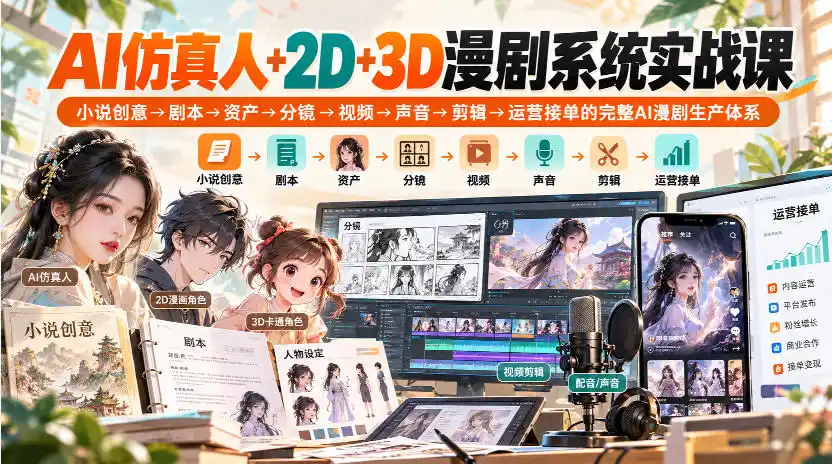 【无水印】AI仿真人+2D+3D漫剧系统实战课，小说创意→剧本→资产→分镜→视频→声音→剪辑→运营接单的完整AI漫剧生产体系-小玖网_综合网创资源_优质付费资源_知识付费网课平台_创业项目