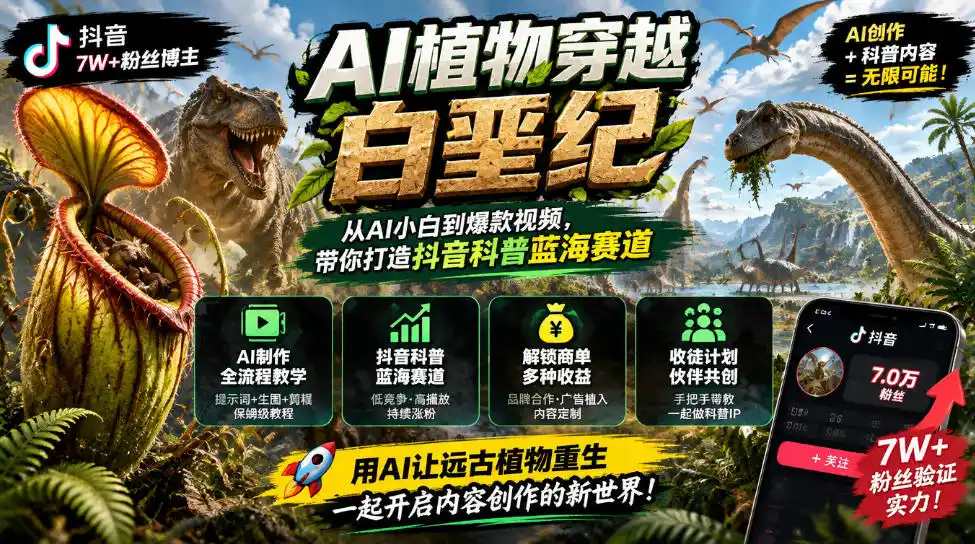 抖音7W粉丝博主的AI植物穿越白垩纪教学，抖音科普蓝海赛道，解锁商单收徒伙伴计划等多种收益-小玖网_综合网创资源_优质付费资源_知识付费网课平台_创业项目