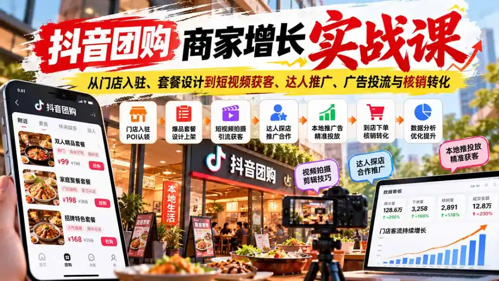 抖音团购商家增长实战课：从门店入驻、套餐设计到短视频获客、达人推广、广告投流与核销转化-小玖网_综合网创资源_优质付费资源_知识付费网课平台_创业项目