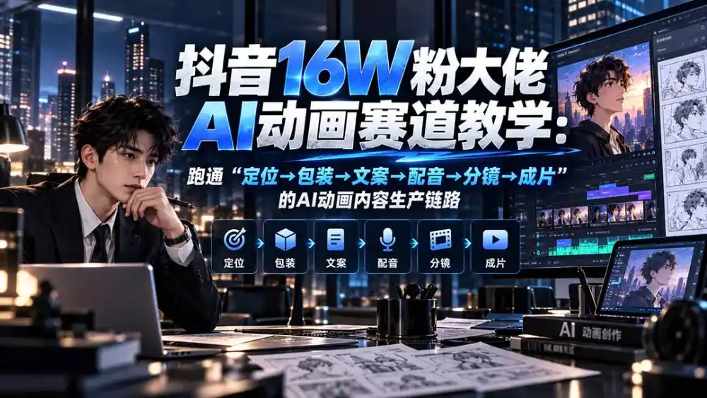 抖音16W粉大佬规则门禁AI动画赛道教学：跑通“定位→包装→文案→配音→分镜→成片”的AI动画内容生产链路-小玖网_综合网创资源_优质付费资源_知识付费网课平台_创业项目