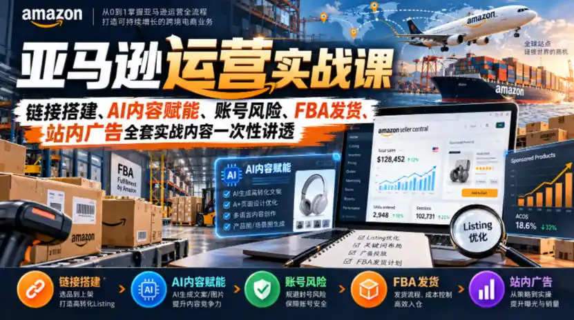 亚马逊运营实战课，链接搭建、AI内容赋能、账号风险、FBA发货、站内广告全套实战内容一次性讲透-小玖网_综合网创资源_优质付费资源_知识付费网课平台_创业项目