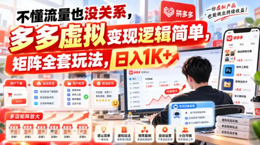 不懂流量也没关系，多多虚拟变现逻辑简单，矩阵全套玩法，日入1K+【揭秘】-小玖网_综合网创资源_优质付费资源_知识付费网课平台_创业项目