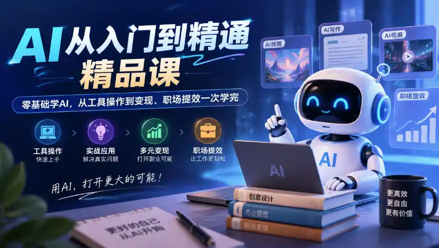 AI从入门到精通精品课,零基础学AI,从工具操作到变现、职场提效一次学完