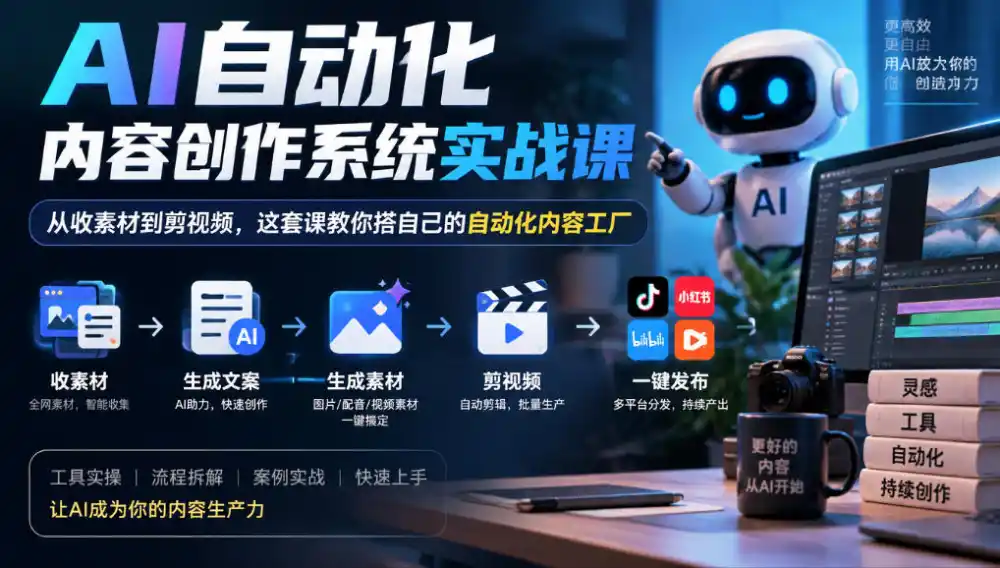 AI自动化内容创作系统实战课，从收素材到剪视频，这套课教你搭自己的自动化内容工厂-小玖网_综合网创资源_优质付费资源_知识付费网课平台_创业项目