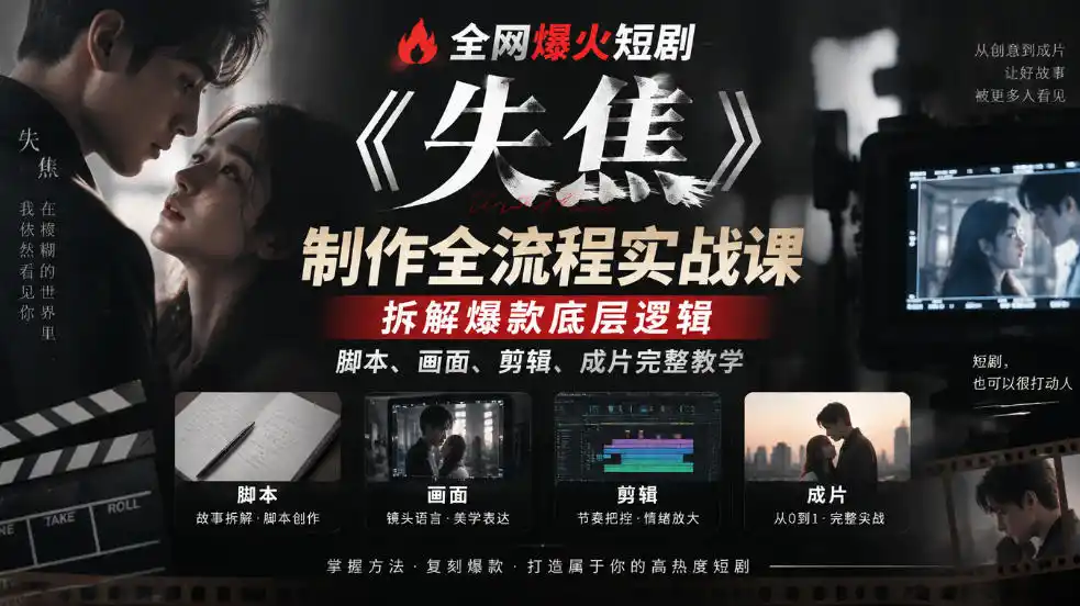 全网爆火短剧《失焦》制作全流程实战课｜拆解爆款底层逻辑，脚本、画面、剪辑、成片完整教学-小玖网_综合网创资源_优质付费资源_知识付费网课平台_创业项目