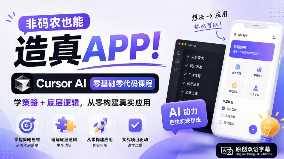非码农也能造真APP！Cursor AI零基础零代码课程：学策略+底层逻辑，从零构建真实应用【原创双语字幕】-小玖网_综合网创资源_优质付费资源_知识付费网课平台_创业项目