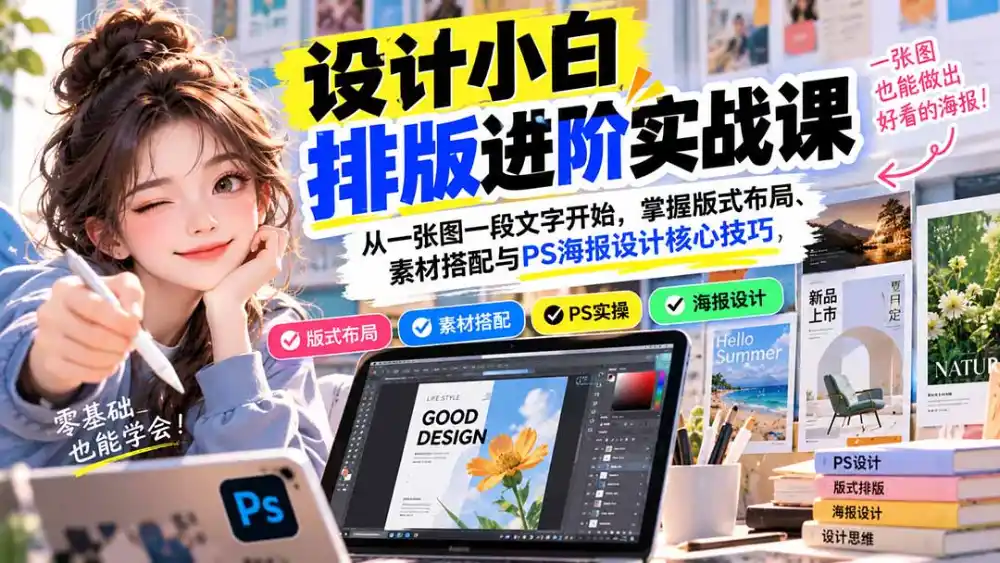设计小白排版进阶实战课：从一张图一段文字开始，掌握版式布局、素材搭配与PS海报设计核心技巧-小玖网_综合网创资源_优质付费资源_知识付费网课平台_创业项目