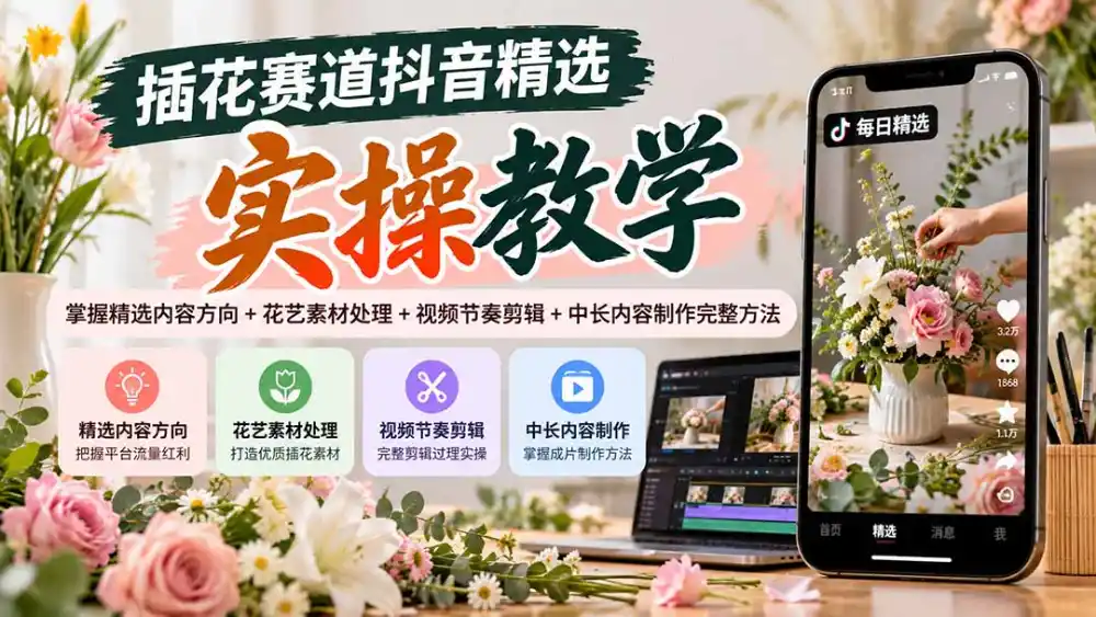 插花赛道抖音精选实操教学：掌握精选内容方向+花艺素材处理+视频节奏剪辑+中长内容制作完整方法-小玖网_综合网创资源_优质付费资源_知识付费网课平台_创业项目