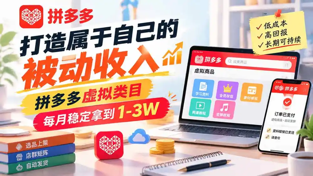 打造属于自己的被动收入，拼多多虚拟类目，每月稳定拿到 1-3W-小玖网_综合网创资源_优质付费资源_知识付费网课平台_创业项目