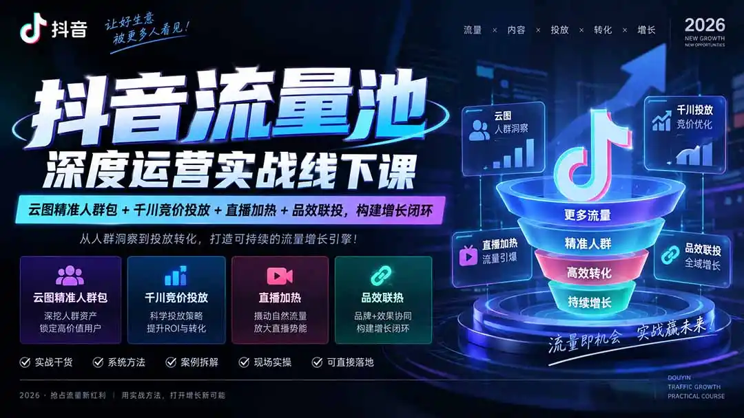 抖音流量池深度运营实战线下课｜云图精准人群包+千川竞价投放+直播加热+品效联投，构建增长闭环-小玖网_综合网创资源_优质付费资源_知识付费网课平台_创业项目