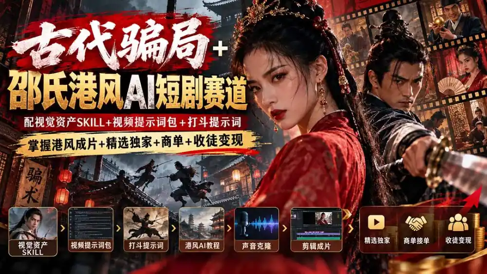 古代骗局+邵氏港风AI短剧赛道：配视觉资产SKILL+视频提示词包+打斗提示词，掌握港风成片+精选独家+商单+收徒变现-小玖网_综合网创资源_优质付费资源_知识付费网课平台_创业项目