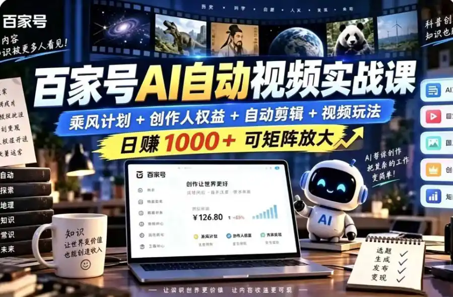 百家号自动矩阵玩法，长期可以做的项目，日入1k+，真正的睡后收入-小玖网_综合网创资源_优质付费资源_知识付费网课平台_创业项目
