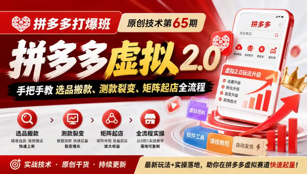 《拼多多打爆班》原创技术第65期,拼多多虚拟2.0,手把手教选品搬款、测款裂变、矩阵起店全流程-小玖网_综合网创资源_优质付费资源_知识付费网课平台_创业项目