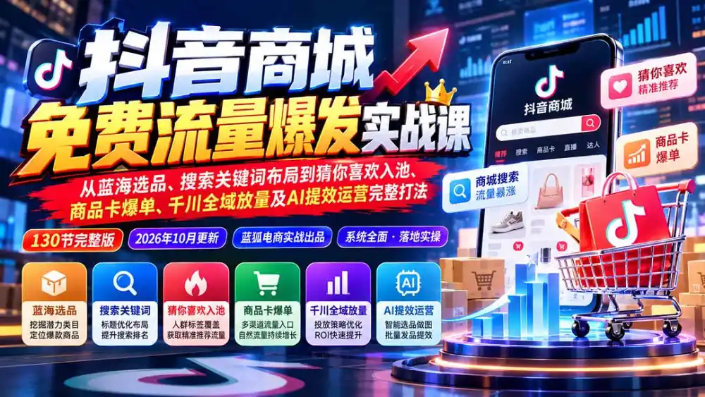 抖音商城免费流量爆发实战：从蓝海选品、搜索关键词布局到猜你喜欢入池、商品卡爆单、千川全域放量及AI提效完整打法-小玖网_综合网创资源_优质付费资源_知识付费网课平台_创业项目