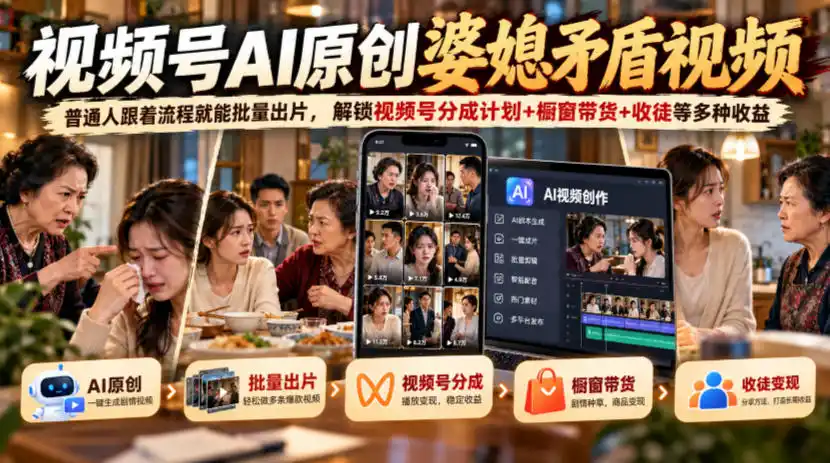 视频号ai原创婆媳矛盾视频，普通人跟着流程就能批量出片，解锁视频号分成计划+橱窗带货+收徒等多种收益-小玖网_综合网创资源_优质付费资源_知识付费网课平台_创业项目