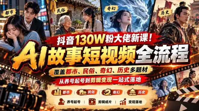 抖音130W粉大佬新课！AI故事短视频全流程，覆盖都市、民俗、奇幻、历史多题材，从养号起号到剪辑变现一站式落地-小玖网_综合网创资源_优质付费资源_知识付费网课平台_创业项目