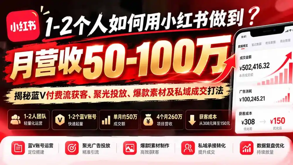 1-2个人如何用小红书做到月营收50-100万？揭秘蓝V付费流获客、聚光投放、爆款素材及私域成交打法-小玖网_综合网创资源_优质付费资源_知识付费网课平台_创业项目