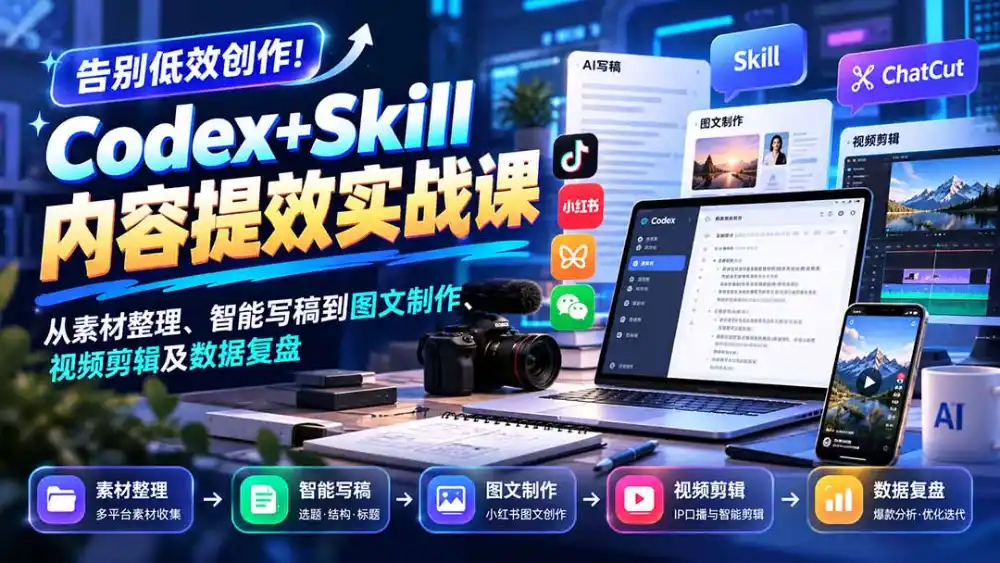 【无水印】告别低效创作！Codex+Skill内容提效实战课：从素材整理、智能写稿到图文制作、视频剪辑及数据复盘-小玖网_综合网创资源_优质付费资源_知识付费网课平台_创业项目