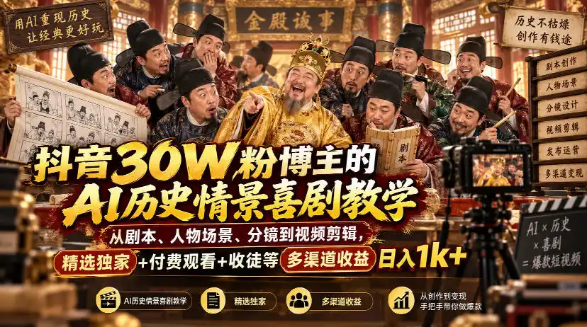 抖音30W粉博主的AI历史情景喜剧教学，从剧本、人物场景、分镜到视频剪辑，精选独家+付费观看+收徒等多渠道收益日入1k+-小玖网_综合网创资源_优质付费资源_知识付费网课平台_创业项目