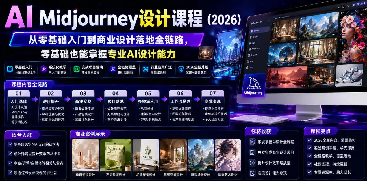 AI Midjourney设计课程(2026)，从零基础入门到商业设计落地全链路，零基础也能掌握专业AI设计能力(更新1007)-小玖网_综合网创资源_优质付费资源_知识付费网课平台_创业项目