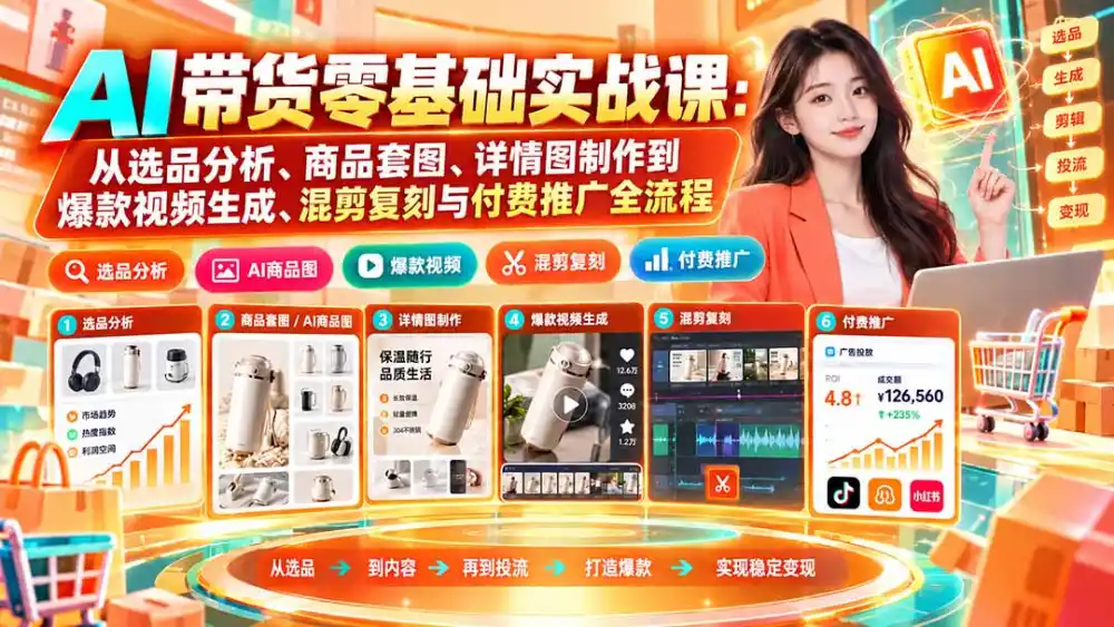 AI带货零基础实战课：从选品分析、商品套图、详情图制作到爆款视频生成、混剪复刻与付费推广全流程-小玖网_综合网创资源_优质付费资源_知识付费网课平台_创业项目