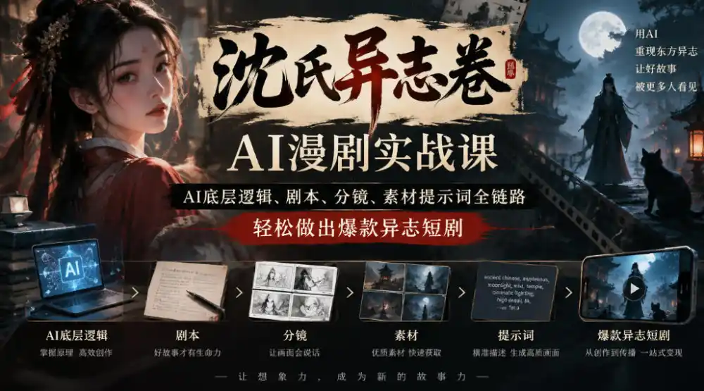 沈氏异志卷AI漫剧实战课｜AI底层逻辑、剧本、分镜、素材提示词全链路，轻松做出爆款异志短剧-小玖网_综合网创资源_优质付费资源_知识付费网课平台_创业项目