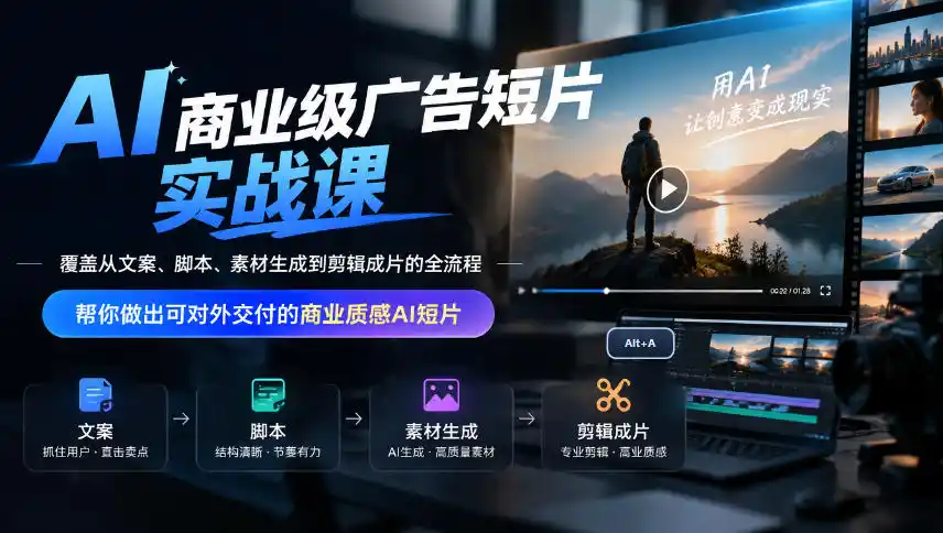 AI商业级广告短片实战课,覆盖从文案、脚本、素材生成到剪辑成片的全流程,帮你做出可对外交付的商业质感AI短片