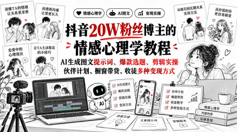 抖音20W粉丝博主静候心声的情感心理学教程，AI生成图文提示词、爆款选题、剪辑实操，伙伴计划、橱窗带货、收徒多种变现方式-小玖网_综合网创资源_优质付费资源_知识付费网课平台_创业项目