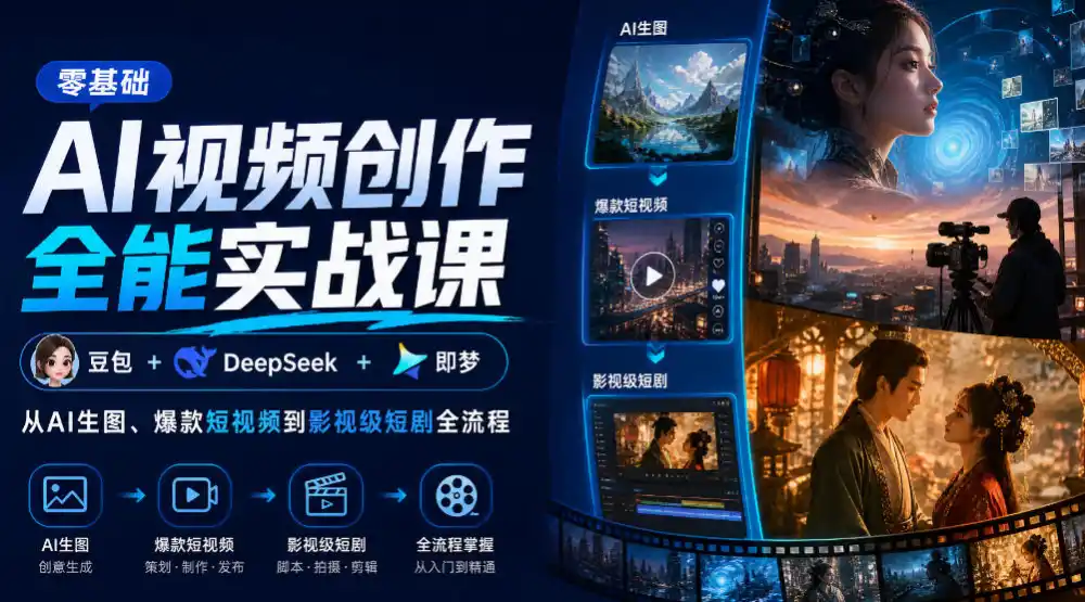 零基础AI视频创作全能实战课｜豆包+DeepSeek+即梦，从AI生图、爆款短视频到影视级短剧全流程-小玖网_综合网创资源_优质付费资源_知识付费网课平台_创业项目