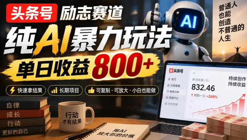 头条号励志赛道，纯AI暴力玩法，单日收益800+，快速拿结果，长期项目-小玖网_综合网创资源_优质付费资源_知识付费网课平台_创业项目