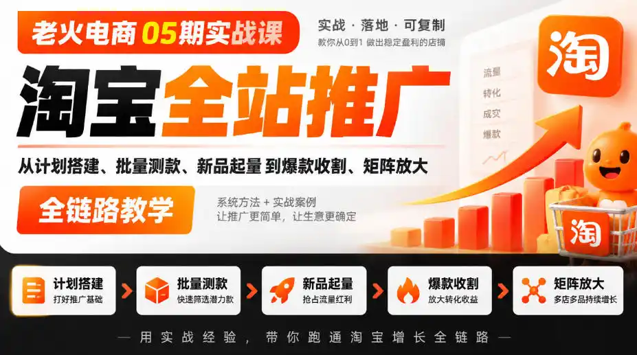 老火电商05期实战课｜淘宝全站推广从计划搭建、批量测款、新品起量到爆款收割、矩阵放大全链路教学-小玖网_综合网创资源_优质付费资源_知识付费网课平台_创业项目