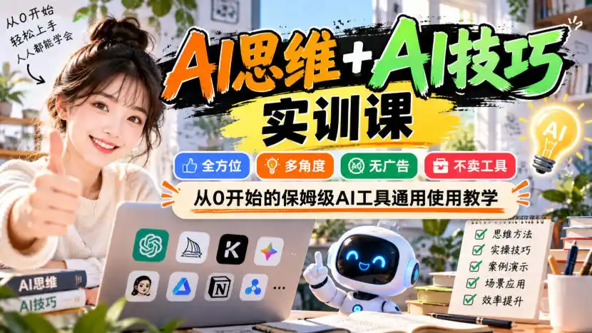 【无水印】AI思维+AI技巧实训课，全方位、多角度、无广告、不卖工具，从0开始的保姆级AI工具通用使用教学-小玖网_综合网创资源_优质付费资源_知识付费网课平台_创业项目