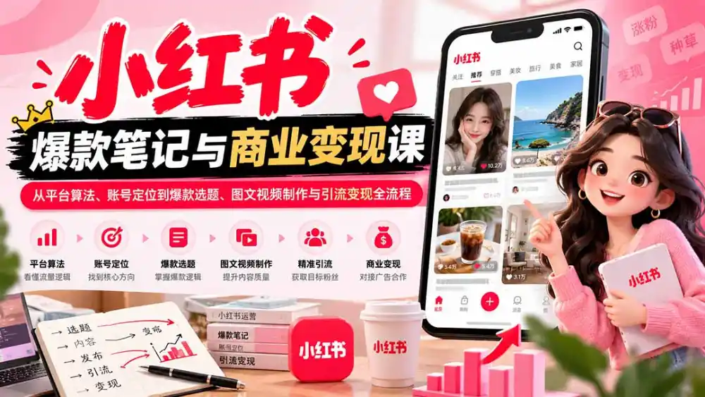 2026小红书爆款笔记与商业变现课：从平台算法、账号定位到爆款选题、图文视频制作与引流变现全流程-小玖网_综合网创资源_优质付费资源_知识付费网课平台_创业项目