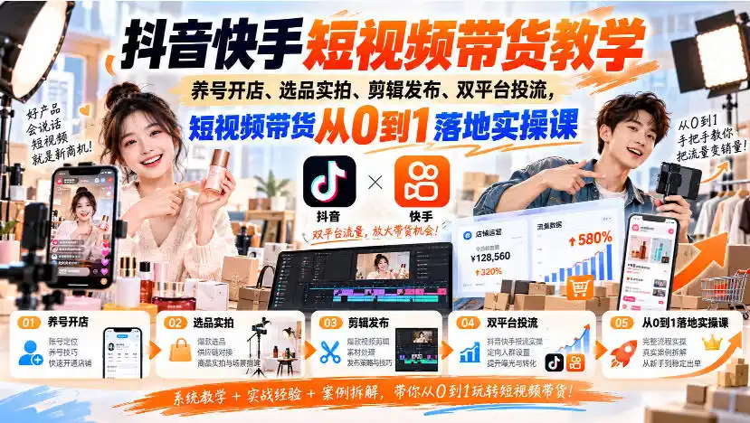 抖音快手短视频带货教学｜养号开店、选品实拍、剪辑发布、双平台投流，短视频带货从0到1落地实操课-小玖网_综合网创资源_优质付费资源_知识付费网课平台_创业项目