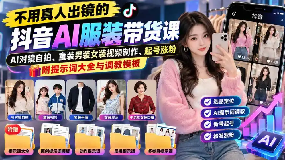 不用真人出镜的抖音AI服装带货课：AI对镜自拍、童装男装女装视频制作、起号涨粉，附提示词大全与调教模板-小玖网_综合网创资源_优质付费资源_知识付费网课平台_创业项目