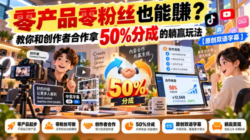 【无水印】零产品零粉丝也能賺？教你和创作者合作拿50%分成的躺赢玩法【原创双语字幕】-小玖网_综合网创资源_优质付费资源_知识付费网课平台_创业项目