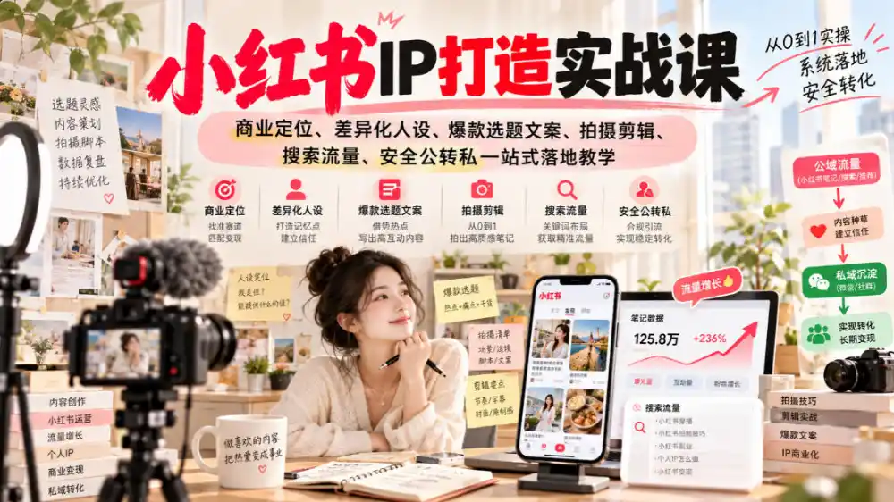 小红书ip打造实战课，商业定位、差异化人设、爆款选题文案、拍摄剪辑、搜索流量、安全公转私一站式落地教学-小玖网_综合网创资源_优质付费资源_知识付费网课平台_创业项目
